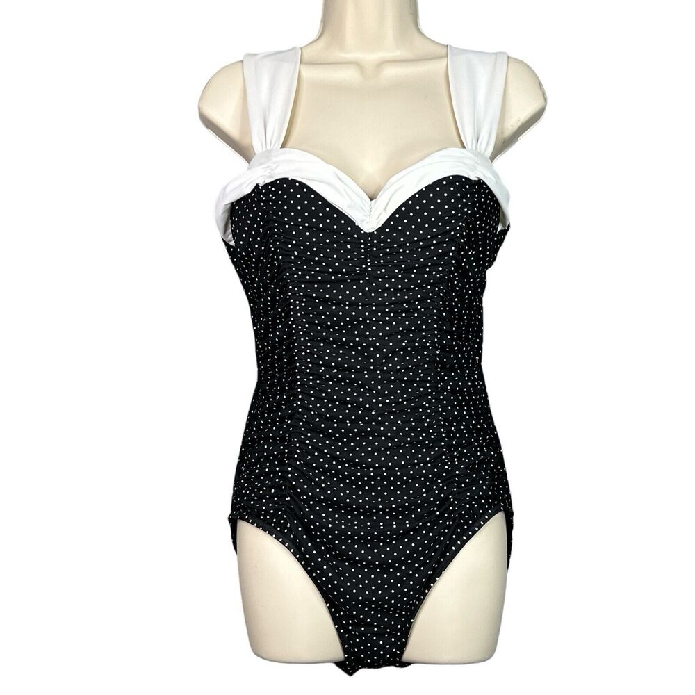 Miraclesuit Swimsuit One Piece Size 14 Push Up Black White Polka Dots Ruching